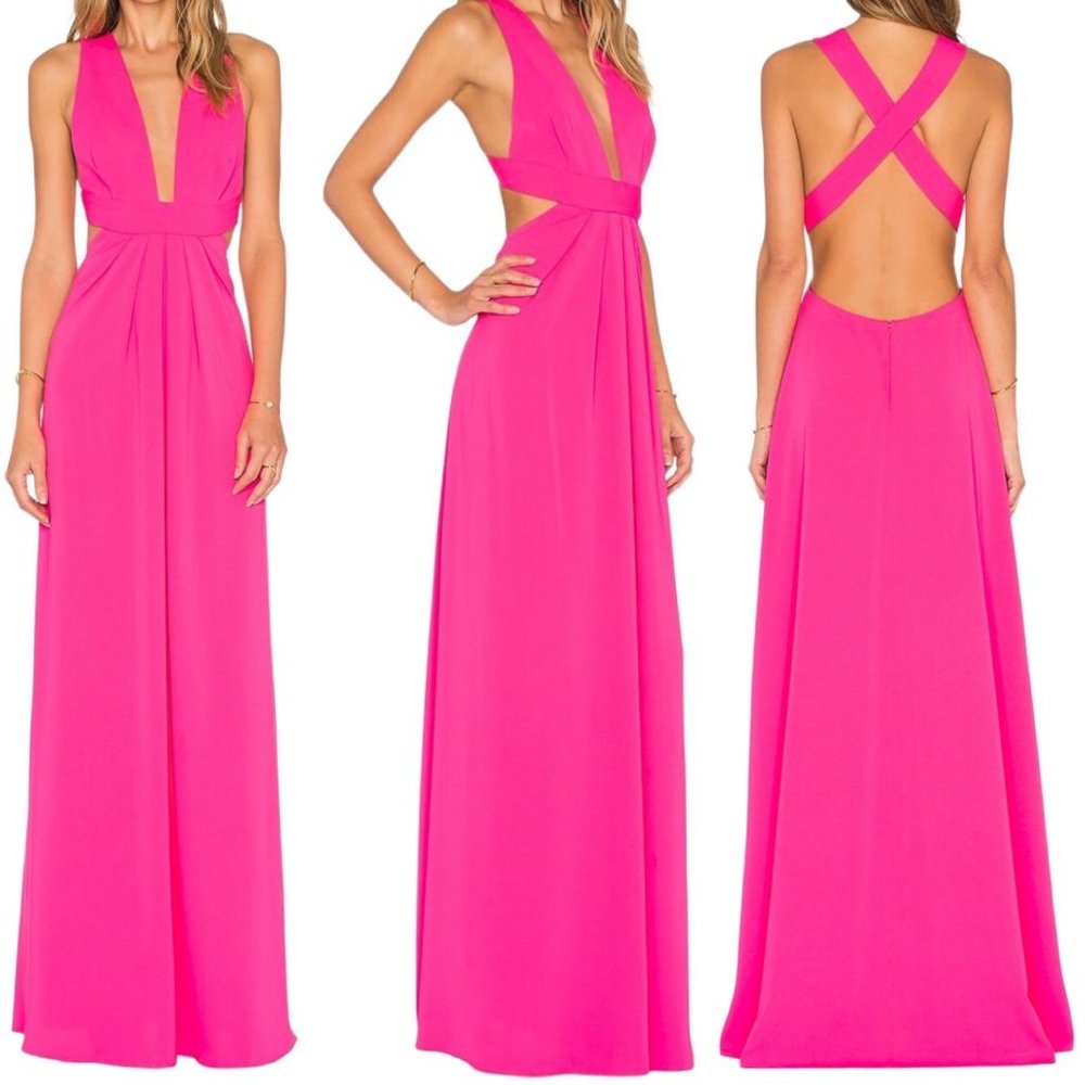 JILL Jill Stuart Plunge Deep V Cross Back Cut Out Maxi Dress Gown in Gossip Pink